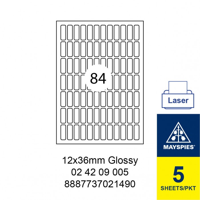 MAYSPIES 02 42 09 005 PREMIUM COLOR LASER LABEL / 5 SHEETS/PKT WHITE GLOSSY 12X36MM